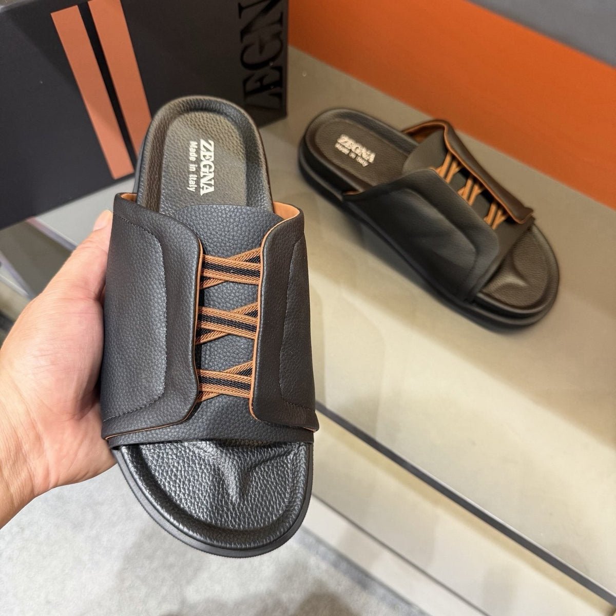 Zegna Men's Lattice Strap Slide Sandals