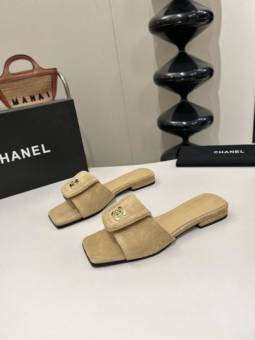 Chanel Square-Toe Emblem Slide Sandals