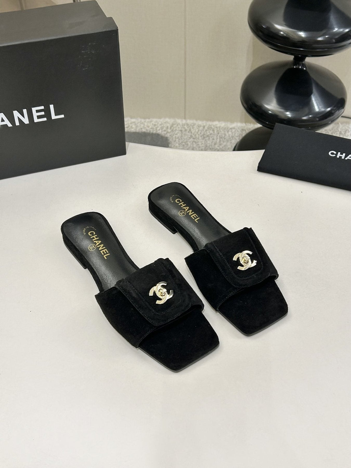 Chanel Square-Toe Emblem Slide Sandals